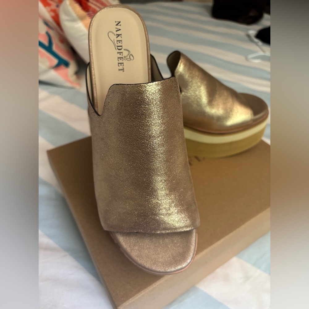 Naked Feet Metallic Gold Platform Slide with Layered Tan Sole - Picture 5 of 11